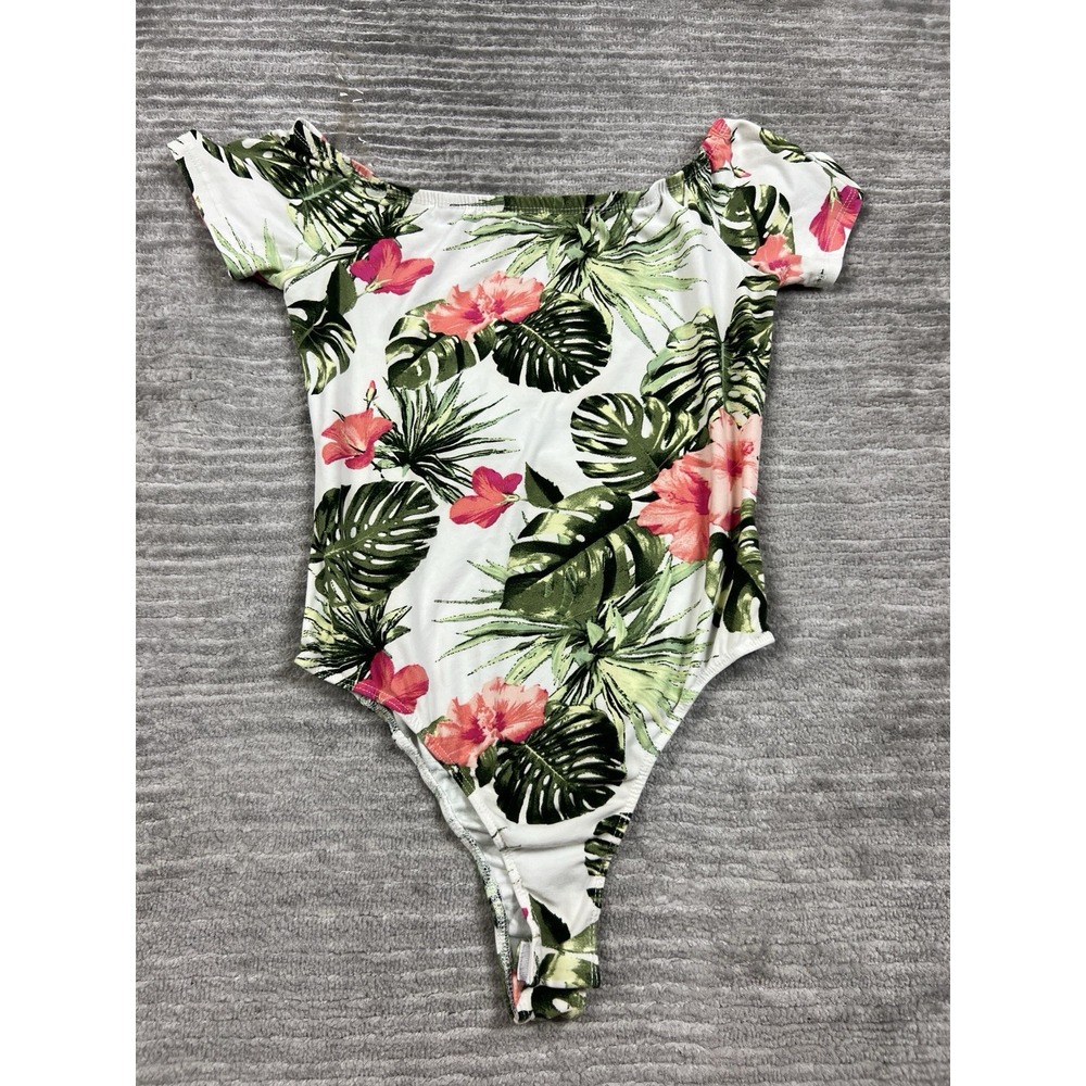 Orange Kiss Bodysuit Womens Small Tropical Floral Off Shoulder Polyester Blend